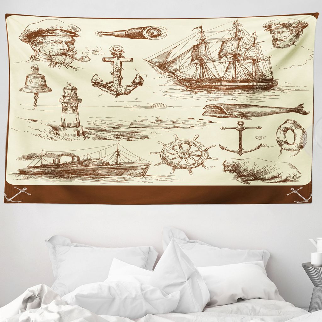 ABAKUHAUS Retro Wandteppich, Oceanic Zeichnung Effekt aus Weiches Mikrofaser Stoff Waschbar ohne Verblassen Digitaldruck, 230 x 140 cm, Braun Creme