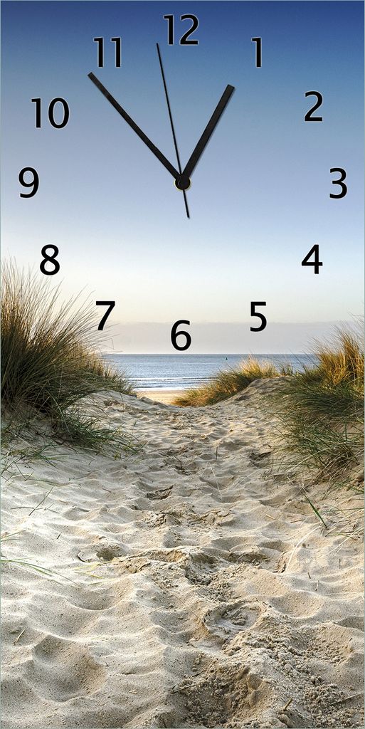 Wallario Design Wanduhr Weg durch die Dünen zum Strand am Meer aus Echtglas, Größe 30 x 60 cm