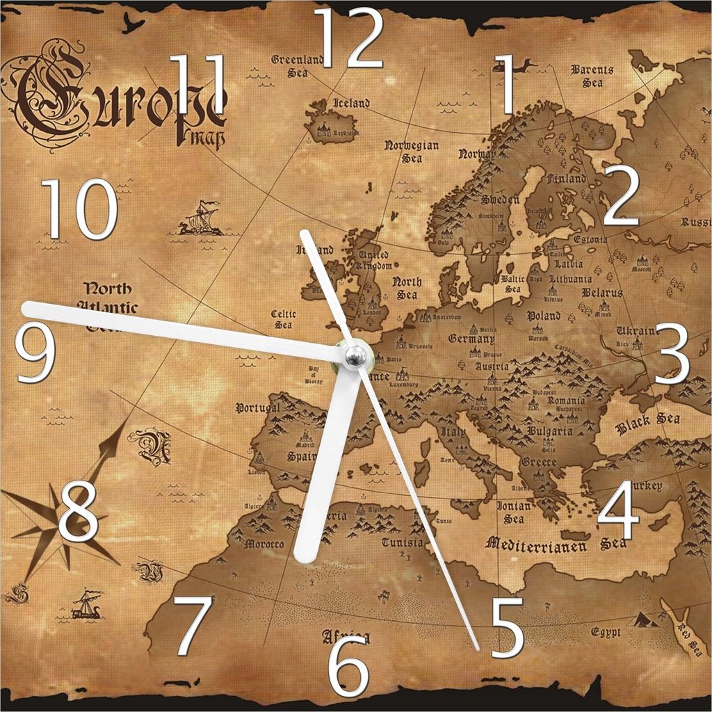 Wallario Design Wanduhr Alte Weltkarte Karte von Europa in englisch aus Echtglas, Größe 20 x 20 cm