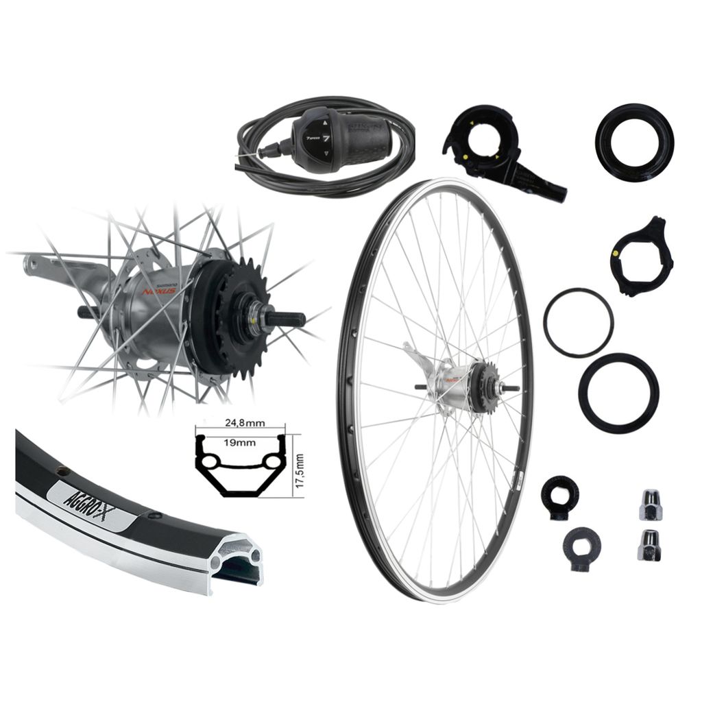 Aggro-X 26" Hinterrad 19-559 Hohlkammerfelge 7 Gang Shimano Nexus Nabenschaltung mit Rücktritt + Zubehör Drehgriff