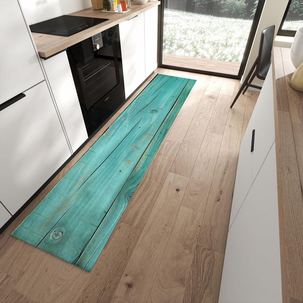 Küchenteppich 60x270cm rutschfest & abwischbar PVC Läufer - Holzplanken Türkis