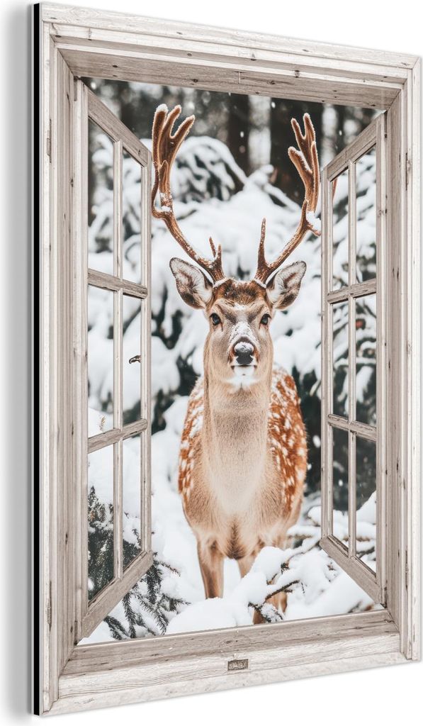 MuchoWow Wanddekoration Metall Metallbild Wandkunst 90x120 cm Durchgucken - Hirsch - Schnee - Winter - Wald - Tiere - Natur MuchoWow Aluminium Gem...