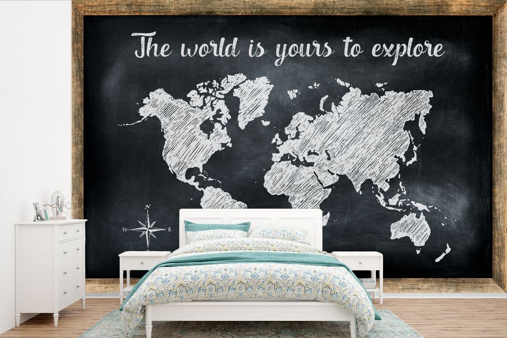 MuchoWow Fototapete für Wohnzimmer oder Schlafzimmer Wandtapete Vinyl Motivtapete Weltkarte - Weiß - Kreidetafel - 360x240 cm - Vinyl-Tapete