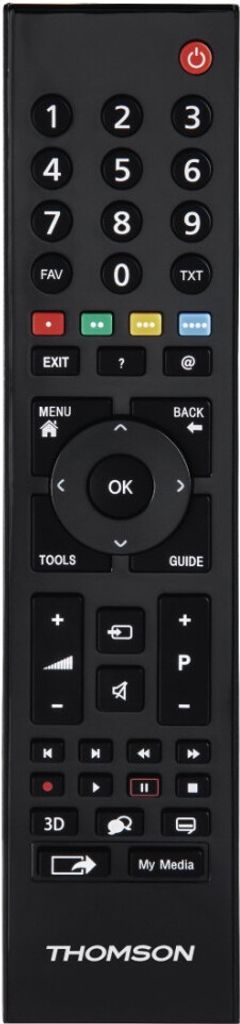 A black remote control with various buttons and labels.