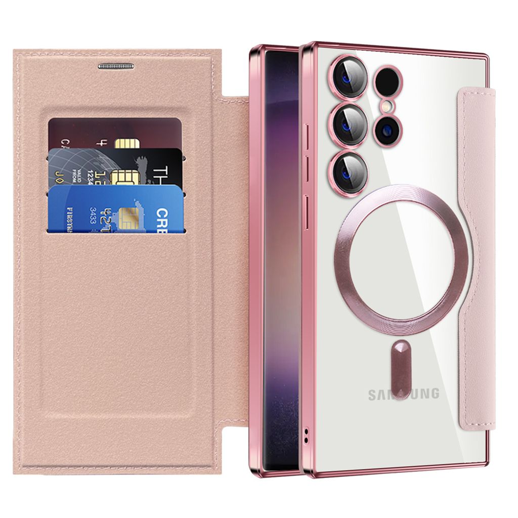 Klapphülle für Samsung Galaxy S25 Ultra Kompatibel mit Magsafe, Klar Überzug Kartenhalter Ledertasche mit Kameraschutz Pink