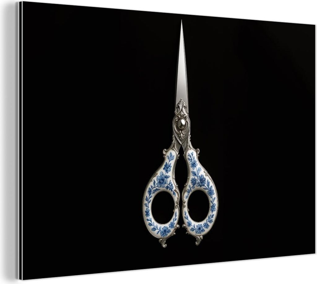 MuchoWow Wanddekoration Metall Metallbild Wandkunst 150x100 cm Schere - Delfter Blau - Schwarz MuchoWow Aluminium Gemälde - Alu Dibond Bild
