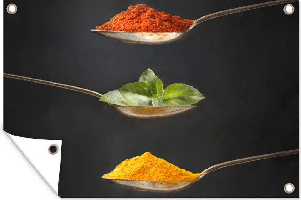 MuchoWow 90x60 cm Outdoor-Poster Gartendeko Sichtschutz Garten Poster für den Garten Kräuter - Löffel - Gewürze - Schwarz - Italienisch