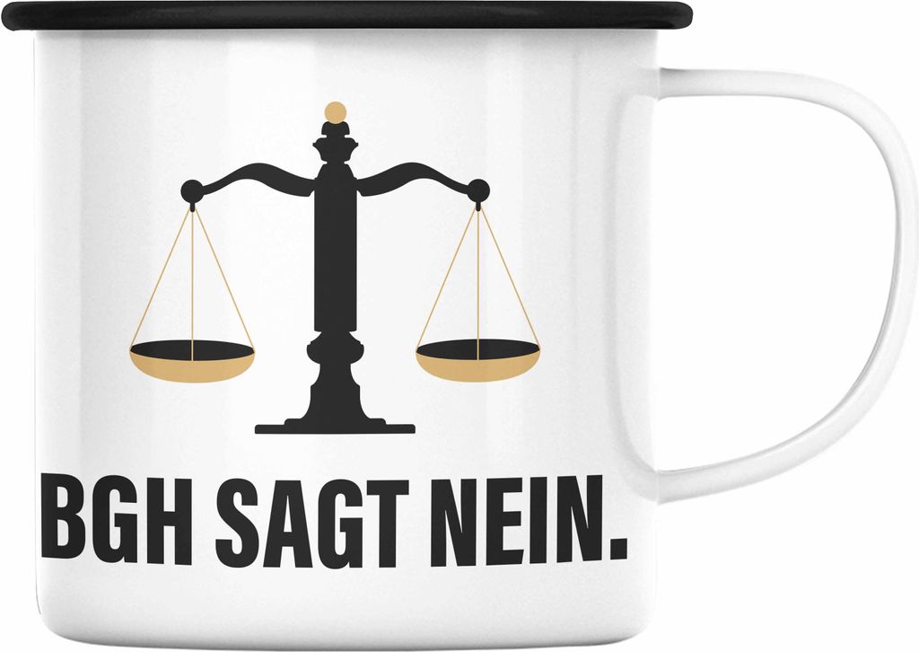 Trendation - Jura Geschenk Emaille Tasse mit Spruch für Jurist Juristin Geschenkideen Lustig für Examen Staatsexam (Schwarz)