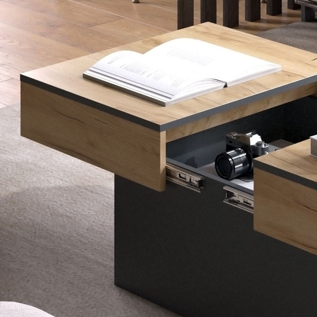 Table basse pivotante avec 1 tiroir en MDF - Anthracite et naturel - KYRIA