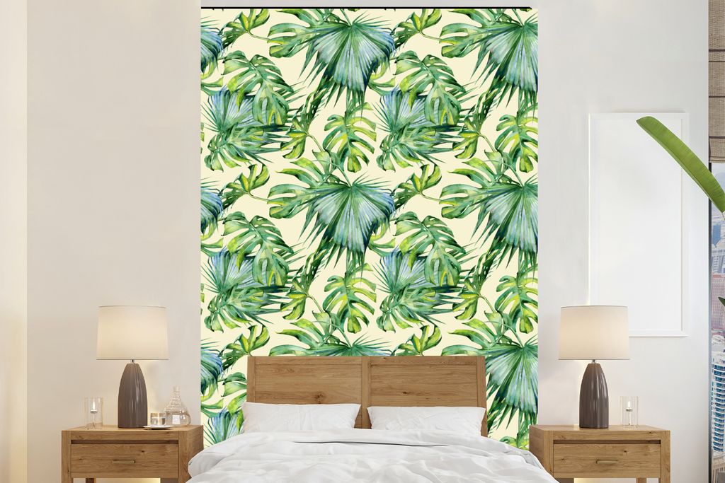 MuchoWow Fototapete für Wohnzimmer oder Schlafzimmer Wandtapete Vinyl Motivtapete Jahrgang - Muster - Monstera - 225x350 cm - Schlafzimmer tapete