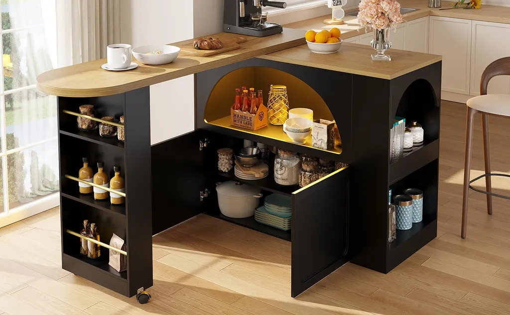 Comptoir de cuisine moderne extensible noir avec éclairage LED et USB - 6