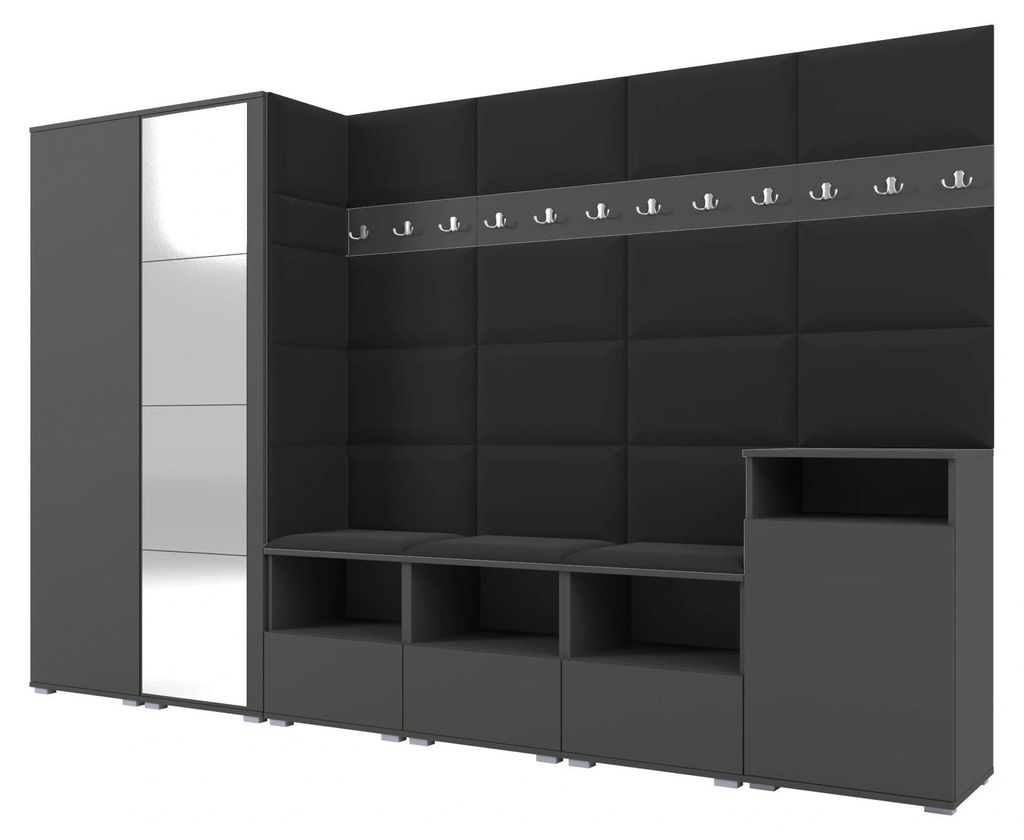 Garderobe NELA XII 300 cm Modulare Flurmöbel Graphit mit Spiegel & Sitzpolster Schwarz 16 (Gigantisches Set)
