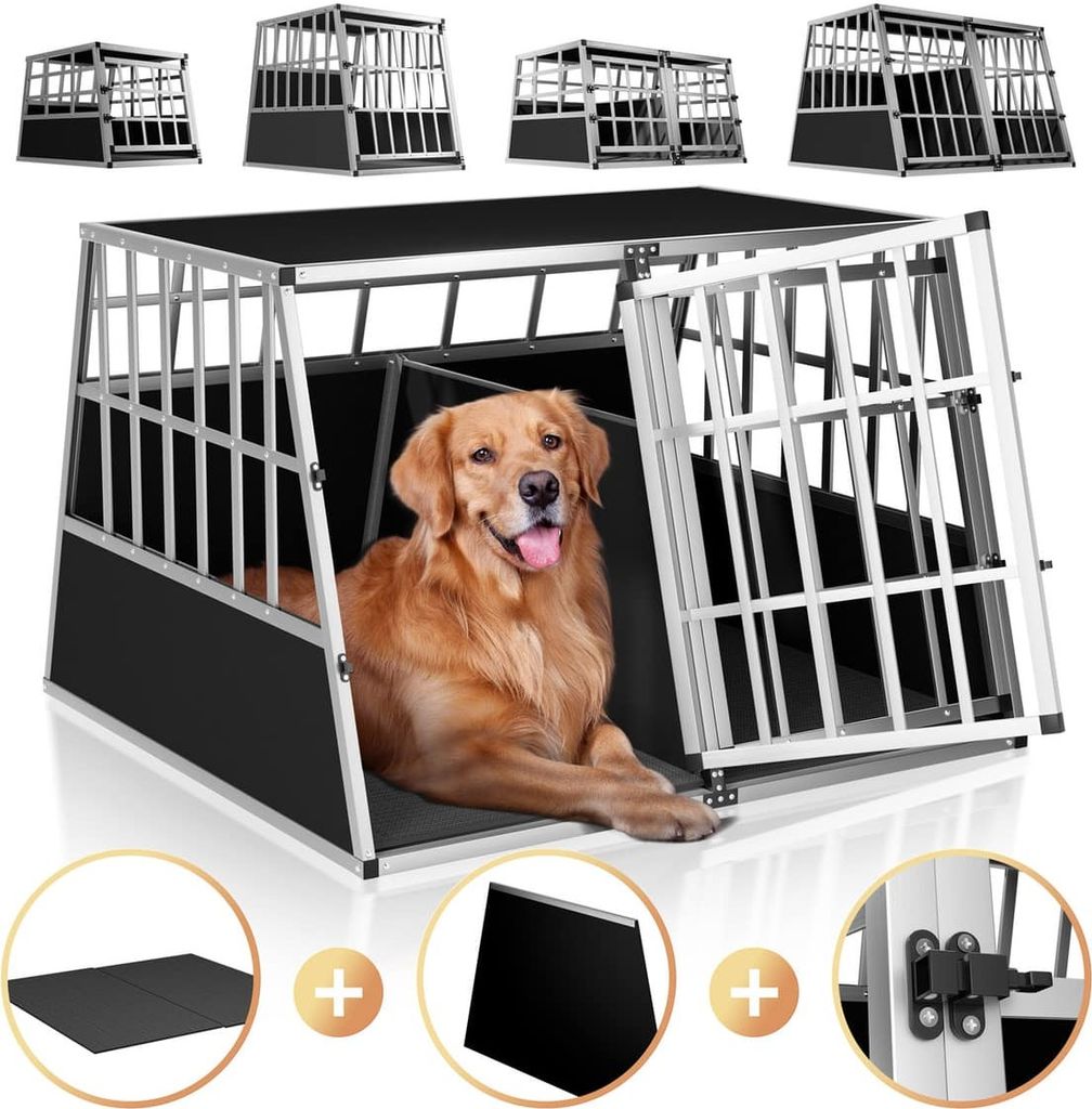 A golden retriever dog is inside a large, sturdy aluminum dog crate. The crate has a trapezoidal shape and appears to be designed for travel or transport. Several smaller images around the main image show different angles or components of the crate, includ