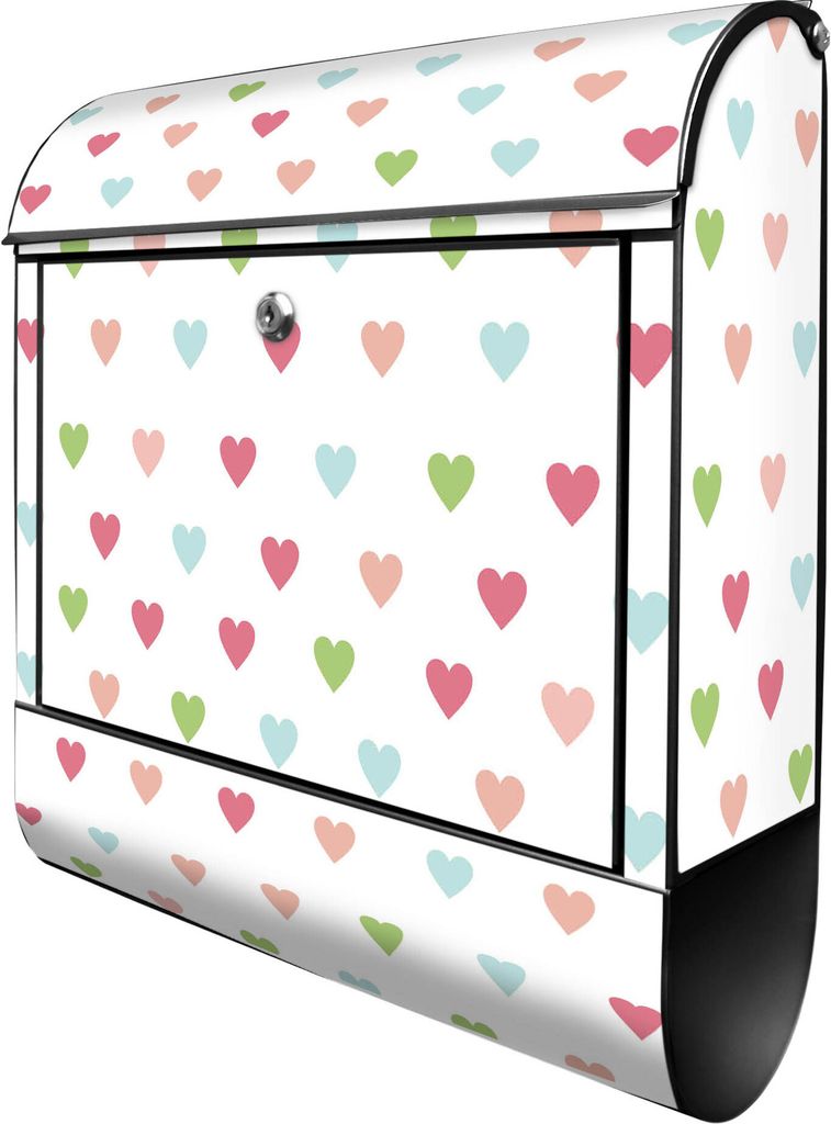 banjado Design Briefkasten Stahl schwarz mit Zeitungsfach pulverbeschichtet "Herzen Auf Weiß" 38x46x12,5cm & 2 Schlüssel - Postkasten A4 Einwurf ...