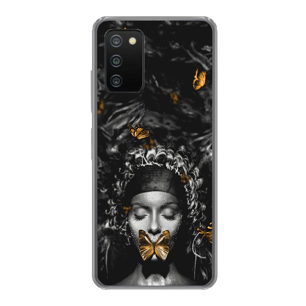 MuchoWow Handyhülle Schutzhülle Hülle für Samsung Galaxy A03s Frau - Schmetterlinge - Schwarz - Weiß Silikon Softcase Handy Hülle - Schutz