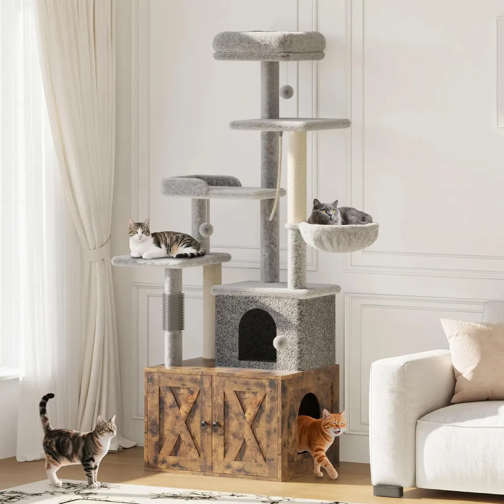 Arbre à chat anti-odeur avec cache-litière intégré marron 5 niveaux - 2
