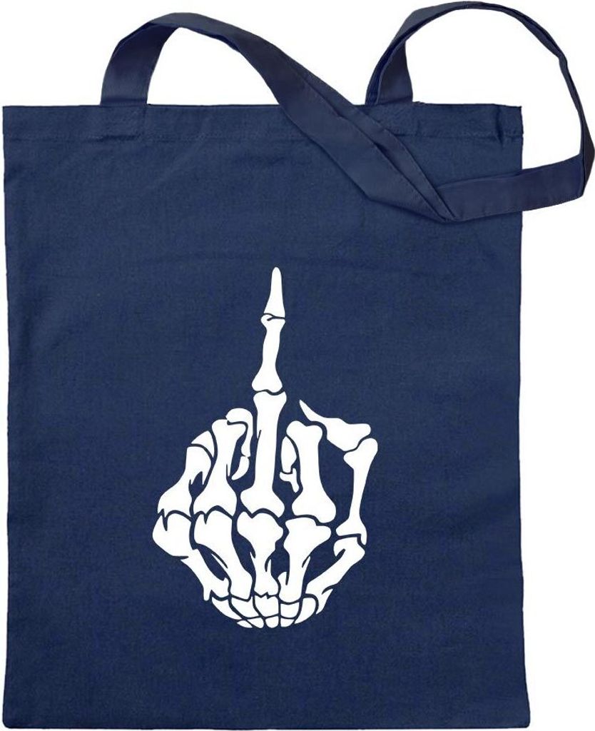 Kiwistar - Baumwolltasche - dunkelblau - Mittelfinger Skelett Hand - Tragetasche Stoffbeutel Umhängetasche langer Henkel