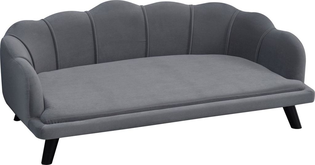 A dark gray pet sofa with a scalloped back and black wooden legs, shown from a three-quarter front angle on a white background.
