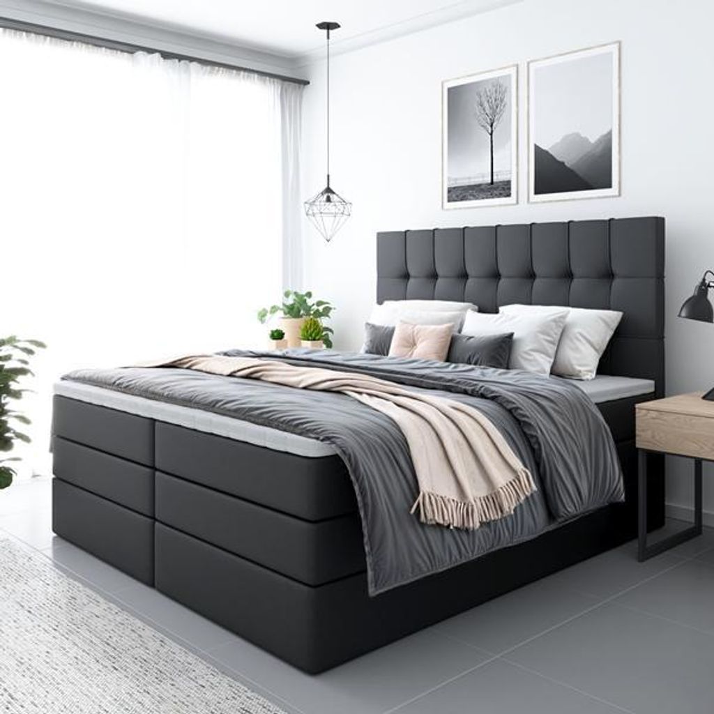 Bett, Boxspringbett MERA PLUS mit 2-Matrazen und VISCO Topper, Doppelbett, Stauraum, Schlafzimmer, Polsterbett, 200x200 cm (Schwarz - Madryt 1100)