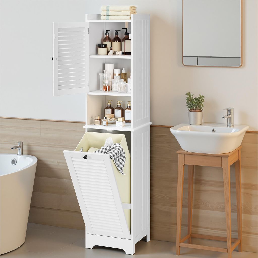 A white bathroom cabinet with a laundry basket and shelves filled with toiletries, next to a sink and a bathtub.