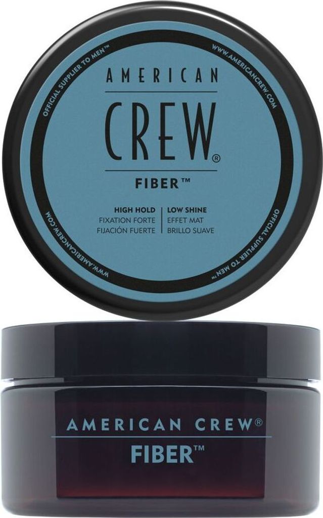A top-down view of the lid of an American Crew Fiber hair product, and a front view of the jar.