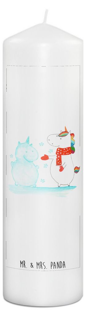 Mr. & Mrs. Panda Kerze Einhorn Schneemann 29 x 8 cm XL - Weiß - Geschenk, Weihnachten, Blockkerze, Winter, Schnee, Stumpenkerze, Bedruckte, Mütze...