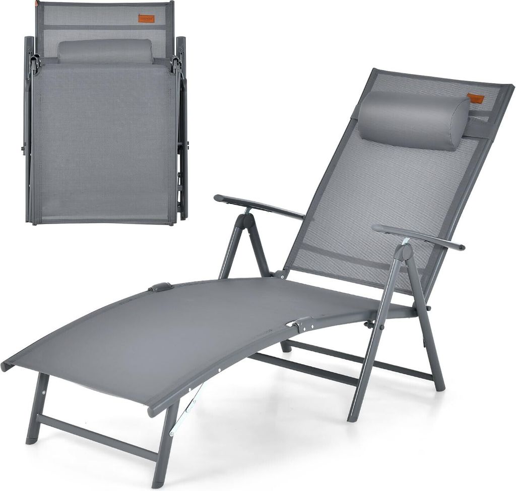 GOPLUS Sonnenliege, Liegestuhl klappbar, Gartenliege , 7 Position verstellbar, Relaxliege mit Kopfstütze, bis zu 150kg, Strandliege (Grau)
