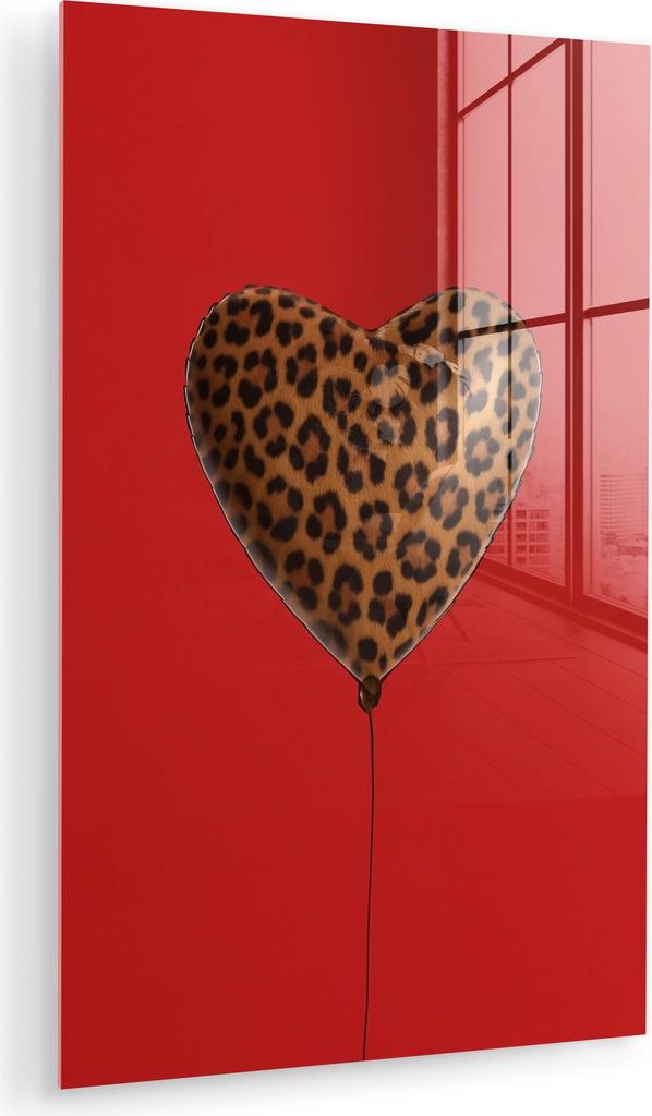 MuchoWow Glasbilder - Bilder auf Wandbild - Foto auf Glas Ballon - Herzform - Rot - Panther-Muster 60x90 cm Wanddekoration aus Glas - Acrylglasbild...