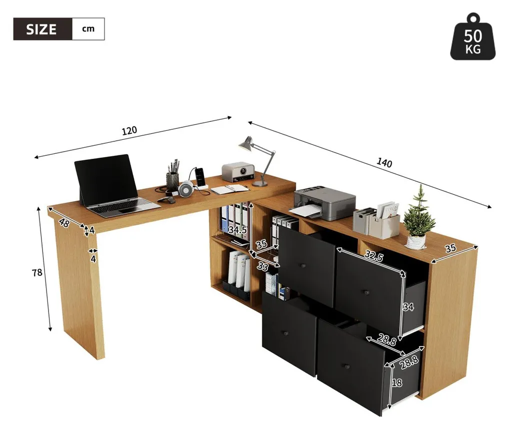 Bureau informatique modulable forme L en bois de chêne avec tiroir