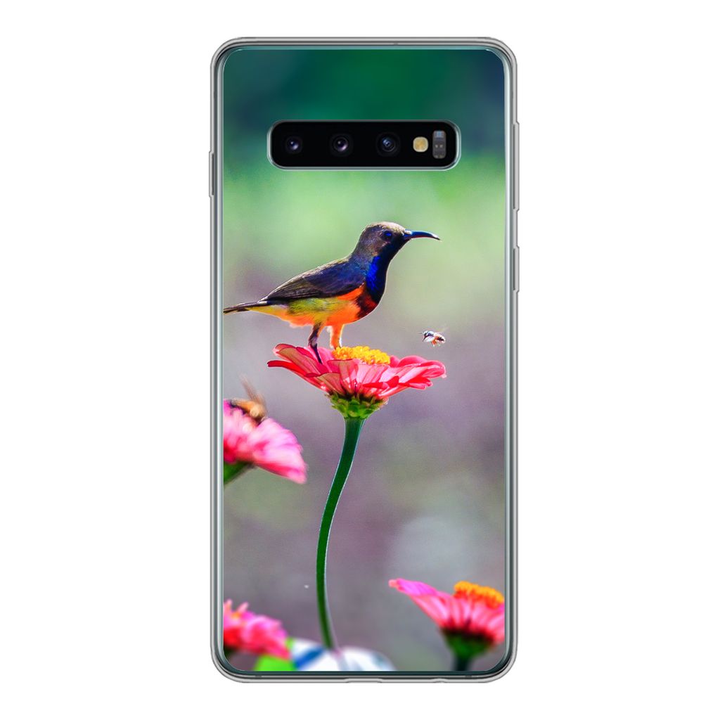 MuchoWow Handyhülle Schutzhülle Hülle für Samsung Galaxy S10 Nahaufnahme eines Kolibris auf rosa Blüten Silikon Softcase Handy Hülle - Hand...