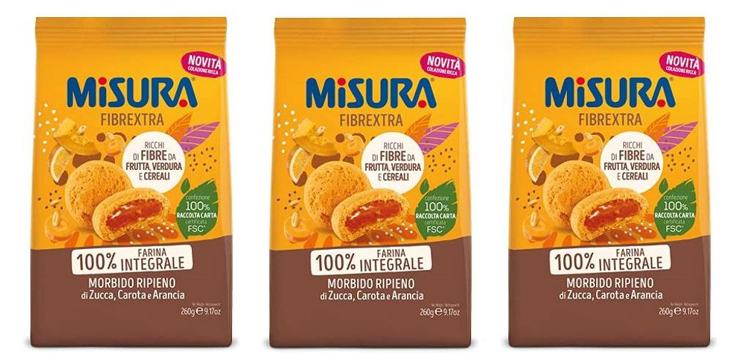 3x Misura Fibrextra Frollini Ripieni Vollkornkekse gefüllt mit Kürbis, Karotte und Orange 260g