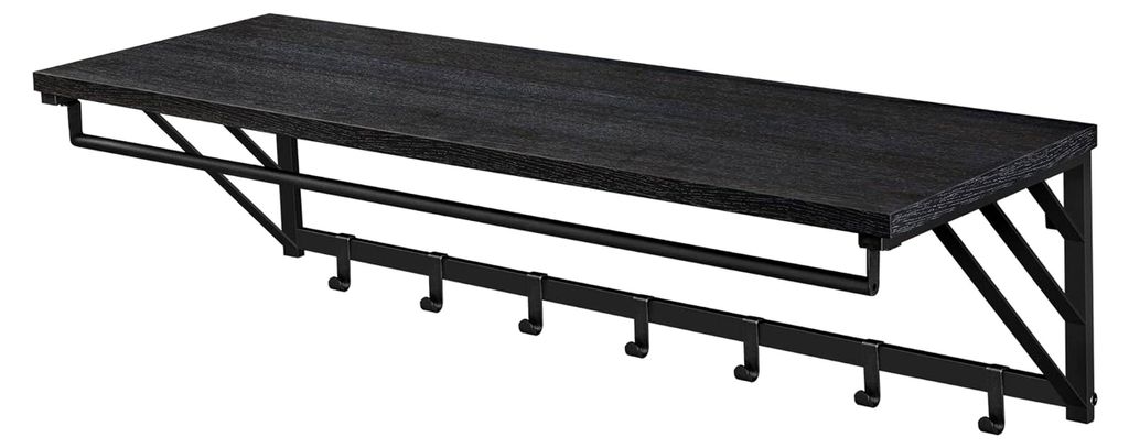 Wandregal mit Garderobenhaken und Kleiderstange im Industrial Design, Flurgarderoben Set aus Holz und Metall, Maße B 90 cm x H 26 cm x T 30 cm, sc...