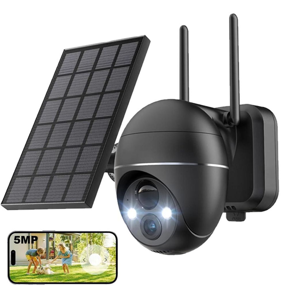 2K 5MP Solar Überwachungskamera Aussen Wi-Fi 360°PTZ Schwenkbar Aussenkamera Akku 30M Farbnachtsicht PIR Bewegungserkennung Alexa Kompatibel
