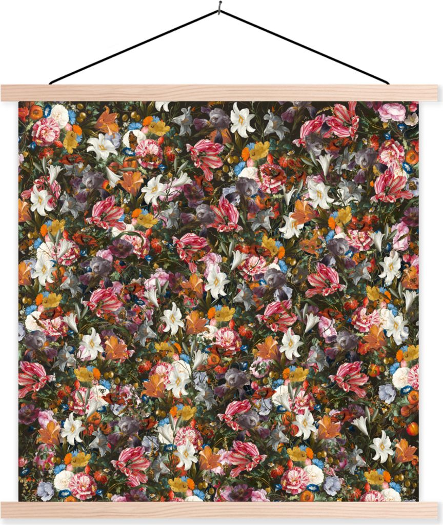 MuchoWow Textilposter Blumen - Schmetterling - Design - Kunst - Abstrakt - Malerei - Alte Meister 60x60 cm mit holzfarbenen Rahmen - Wanddekoration