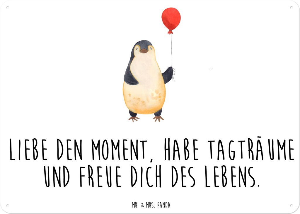 Mr. & Mrs. Panda Wandbild Pinguin Luftballon DIN A6 - Weiß - Geschenk, Metallbild, Schild, Geschenkidee, Türschild, Gute Laune, tafel, Liebe, Mot...
