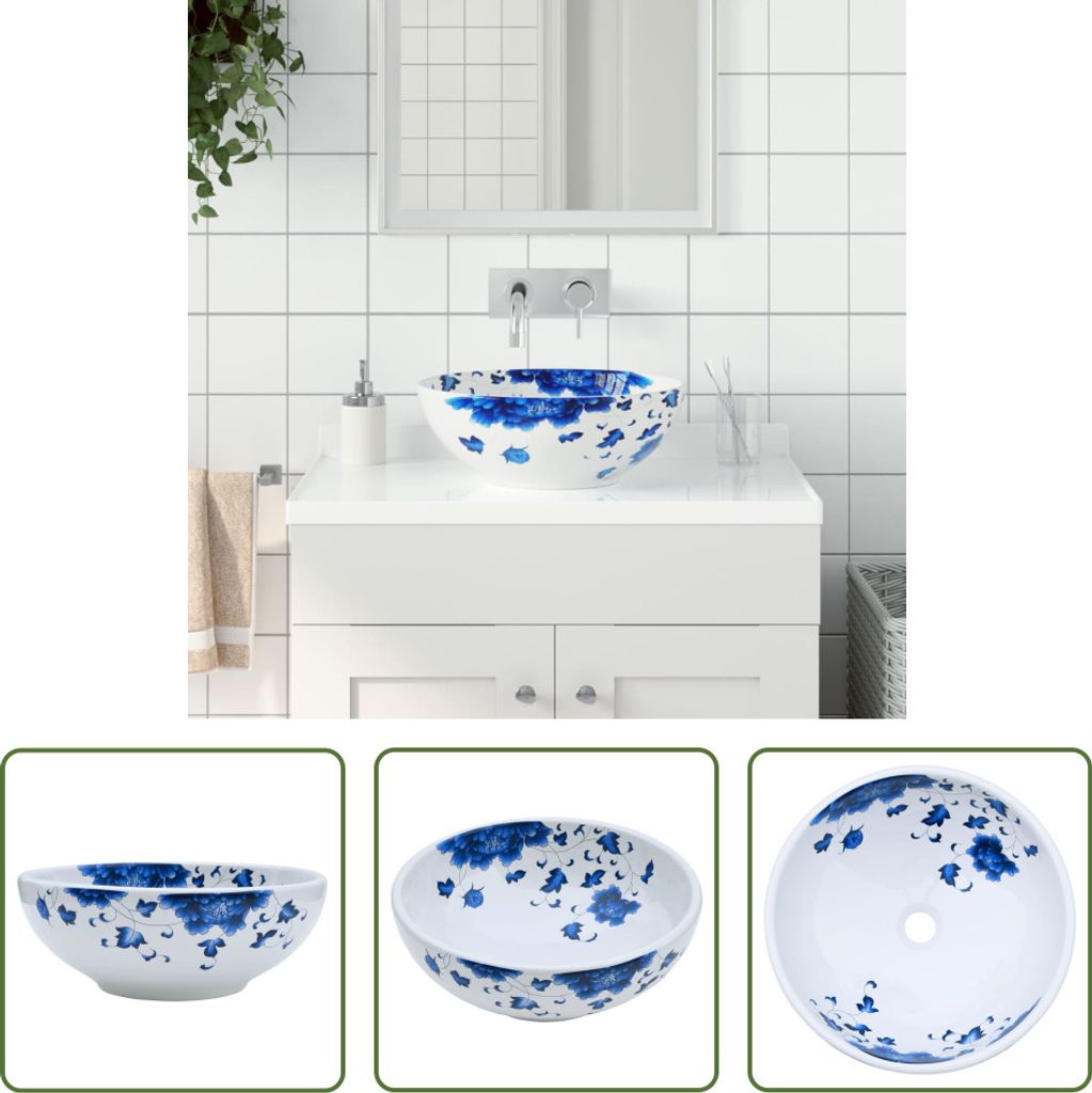 The Living Store Aufsatzwaschbecken Weiß und Blau Rund Ø41x14 cm Keramik