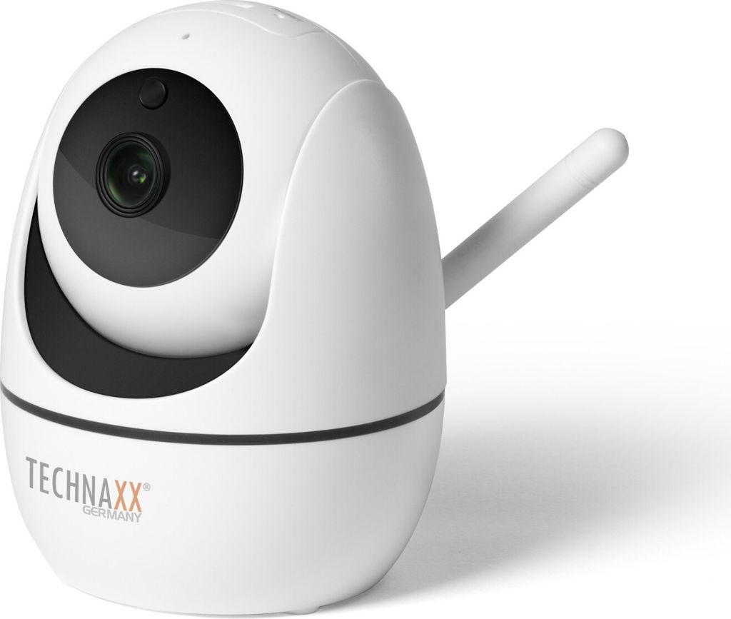 A white Technaxx PT IP security camera with a black lens and an antenna is shown against a white background.