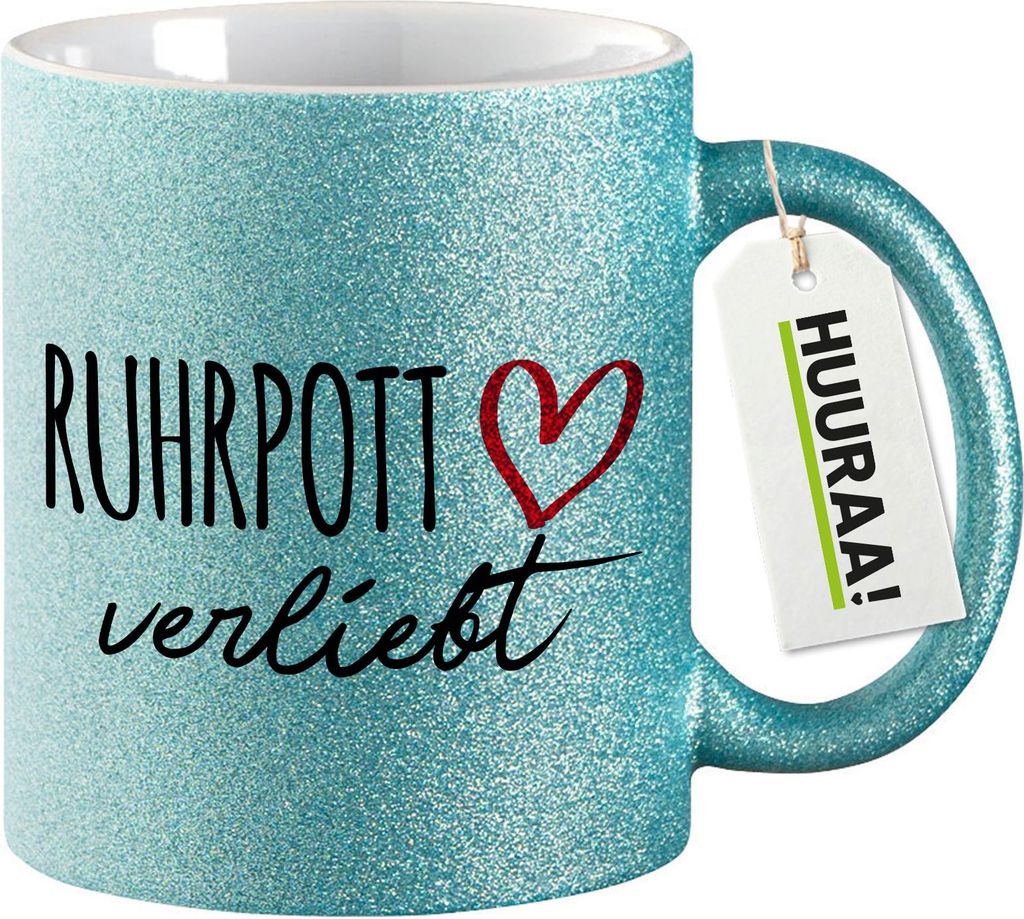 Huuraa Glitzertasse Ruhrpott verliebt 330ml Blau Keramik Kaffeebecher Geschenkidee