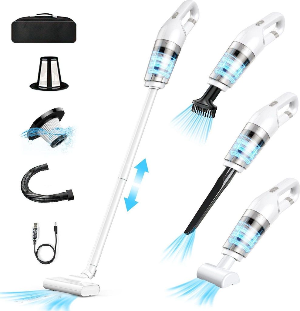 A collage of a white cordless vacuum cleaner and its accessories, with blue accents indicating suction.