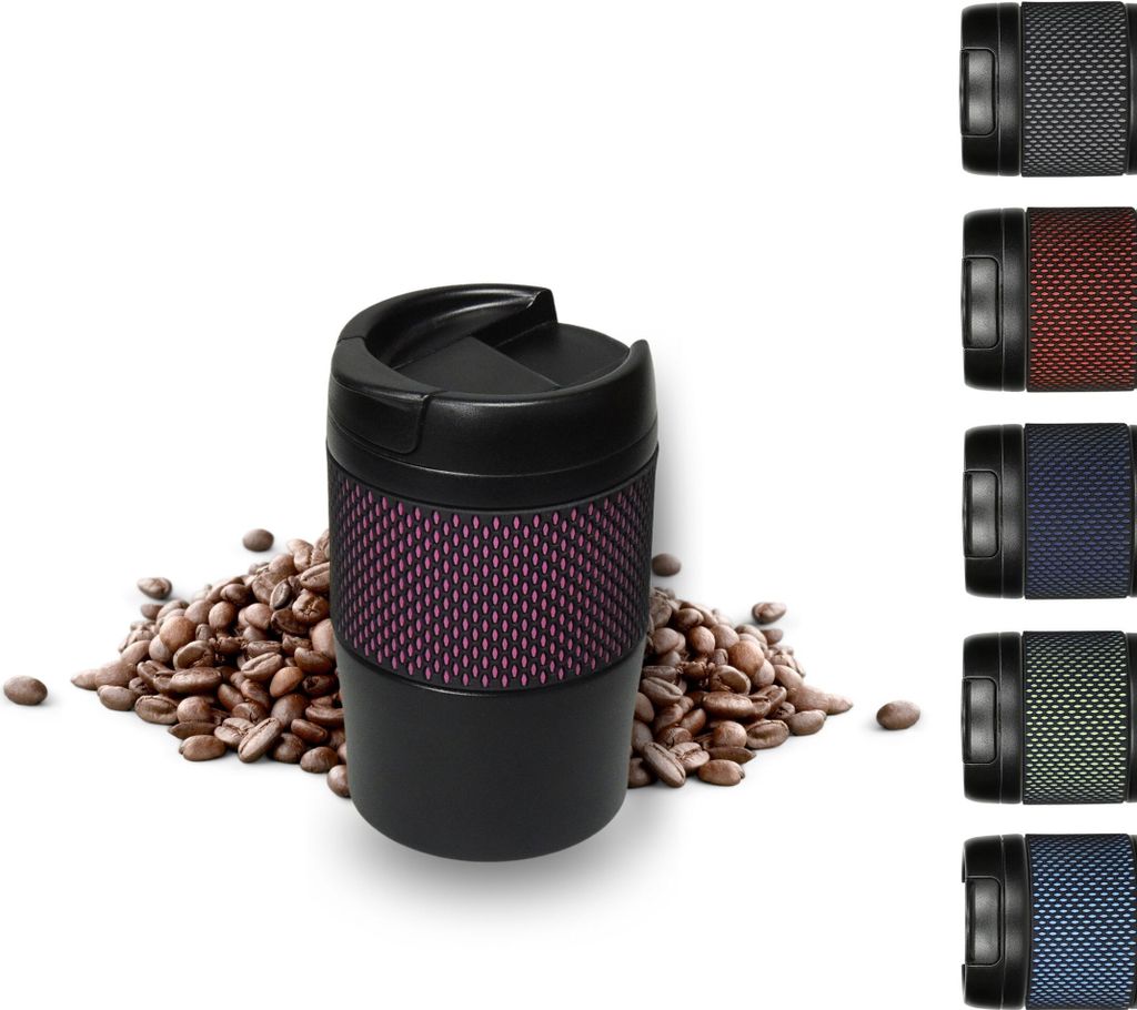 Thermobecher 'Temptation' klein - Kaffeebecher to go doppelwandig - Edelstahl Vakuumbecher mit Manschette - 300ml to go Becher - schwarz/pink