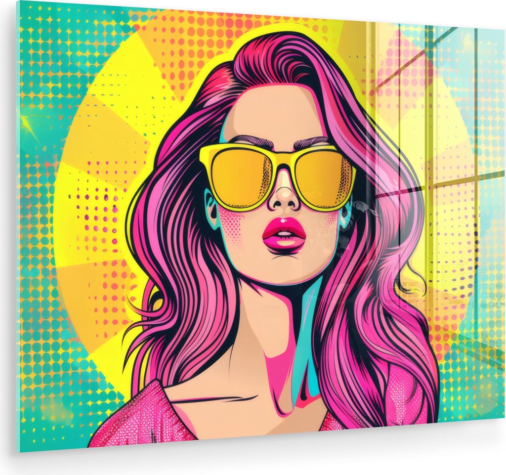 MuchoWow Glasbilder - Bilder auf Wandbild - Foto auf Glas Sonnenbrille - Frau - Sonnig - Gelb 80x60 cm Wanddekoration aus Glas - Acrylglasbild - Ac...