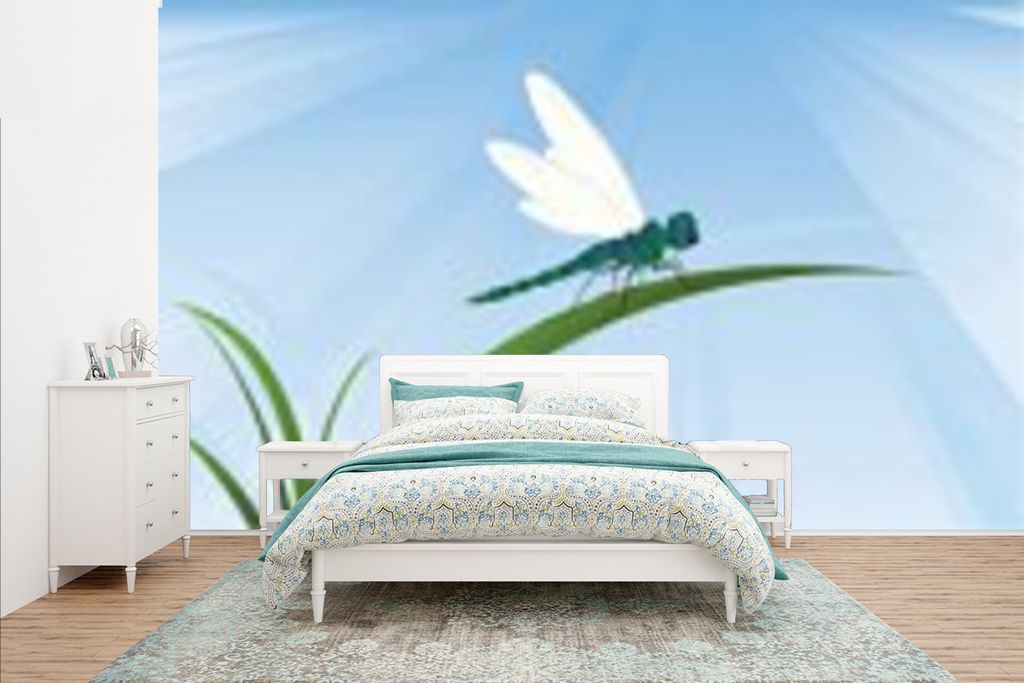 MuchoWow Fototapete für Wohnzimmer oder Schlafzimmer Wandtapete Vinyl Motivtapete Eine Illustration einer Libelle auf einem Grashalm - 435x260 c...