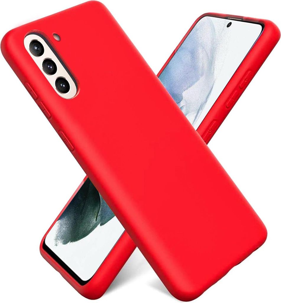 Two red phone cases are shown, one on top of the other, with the screens of two phones visible underneath.