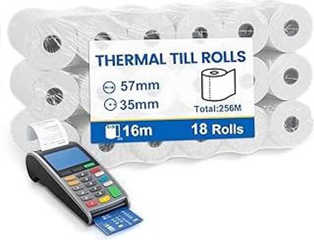 (18 Rollen) Kassenrollen 57mm Thermo - Thermopapier 57mm x 12mmx 16m, thermopapier rolle Kompatibel mit den meisten Druckrechnern und Registrierkas...