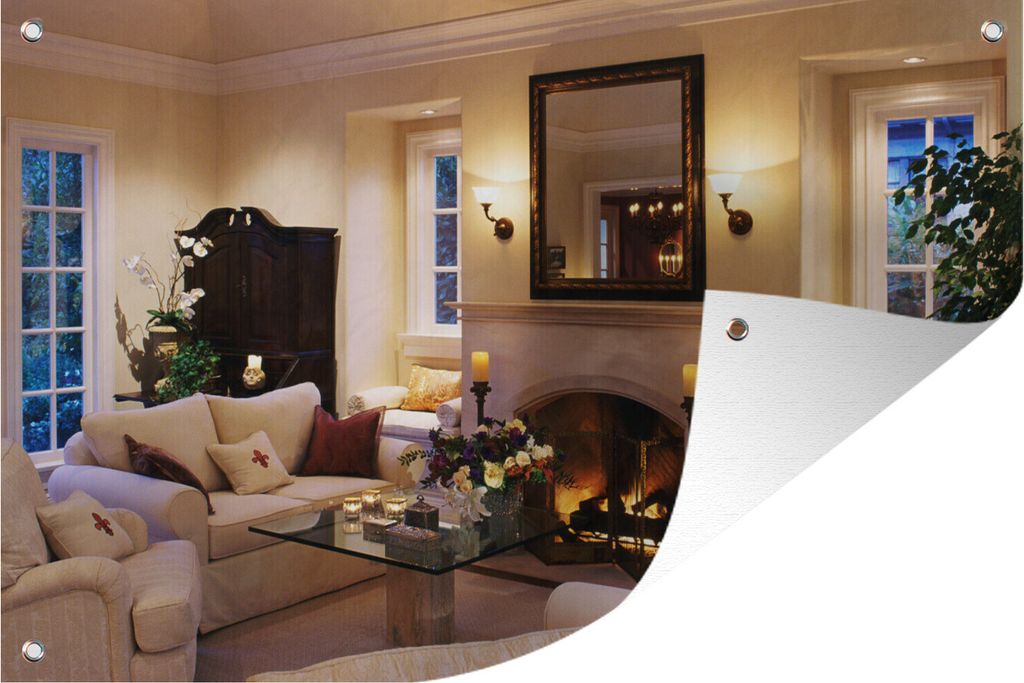 MuchoWow 60x40 cm Outdoor-Poster Gartendeko Sichtschutz Garten Poster für den Garten Ein Kamin in einem n Zimmer