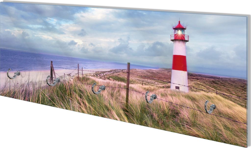 Wallario Flurgarderobe Wandgarderobe aus Glas, mit 5 Haken, Größe 80 x 30 cm, Motiv Leuchtturm am Strand von Sylt
