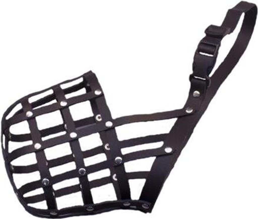 A black leather dog muzzle is shown against a white background.