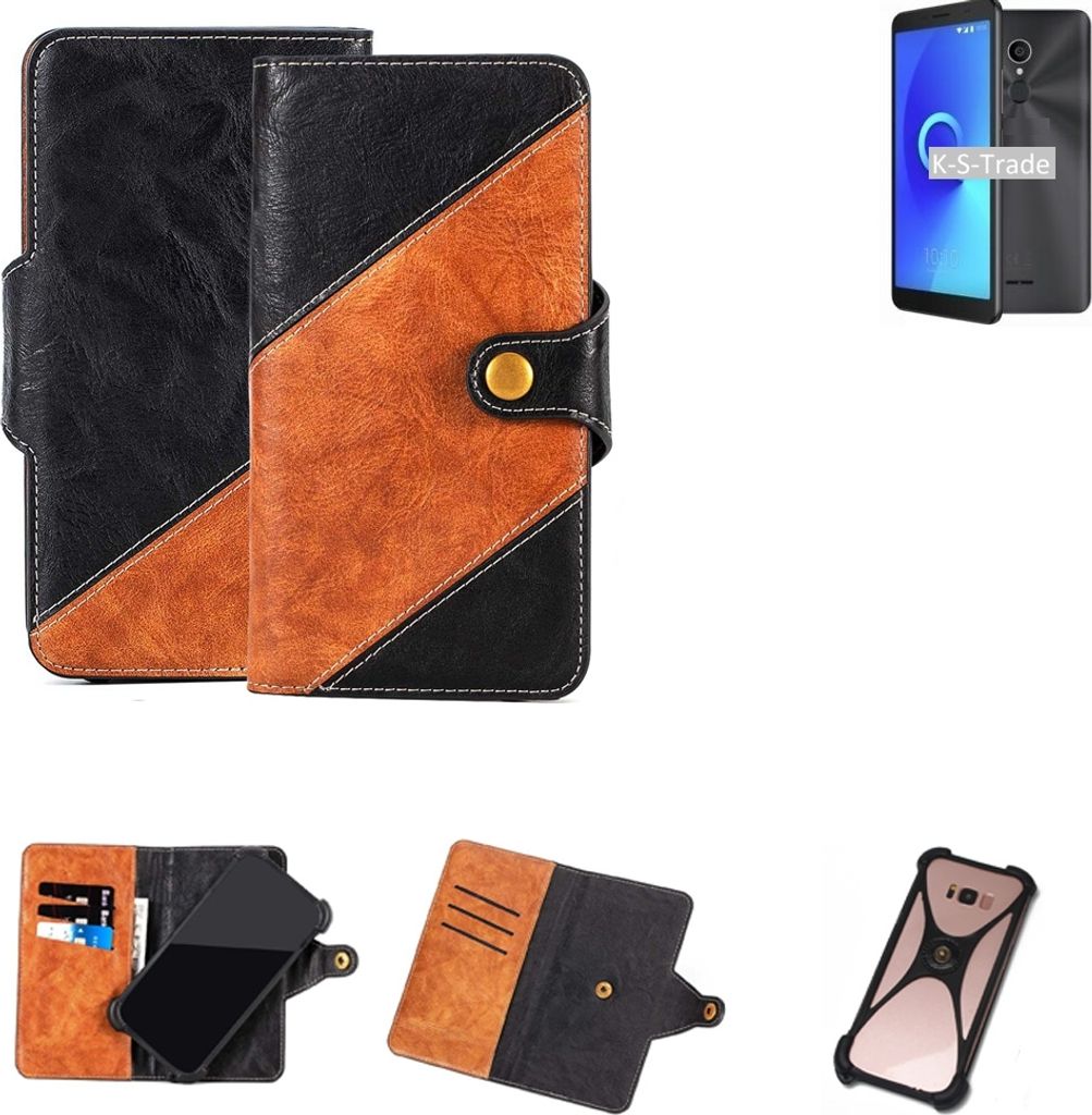 K-S-Trade Handyhülle Schutzhülle Bookstyle Case Wallet-Case kompatibel mit Alcatel 3C Handy Cover Bumper Klapphülle schwarz hellbraun 1x