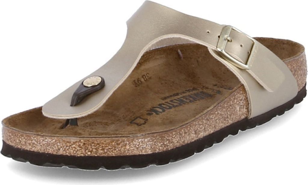 A single Birkenstock Gizeh sandal in a gold color is shown against a white background.
