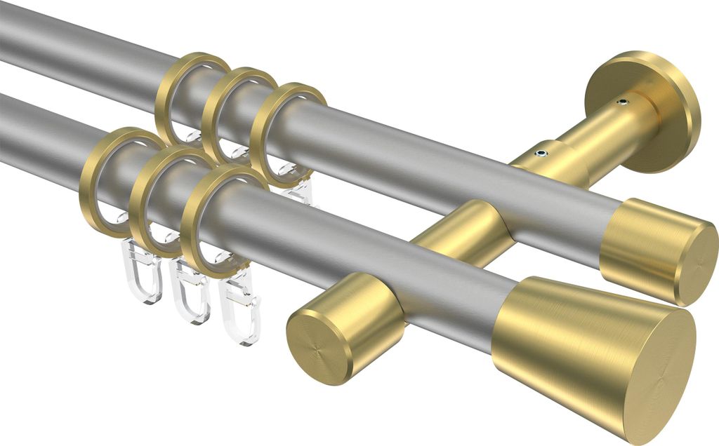 Interdeco Gardinenstange / Vorhangstange Silbergrau / Messing-Optik, Typ Prestige Sitra (Konus), 20 mm Ø 2-läufig, 120 cm